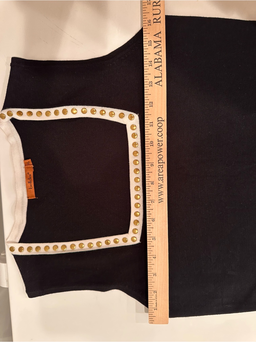 Belldini Black Sleeveless Tank White Trim Gold Studs Stretchy Statement Top S XL - Picture 3 of 10